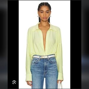 NWT Norma Kamali Oversized Boyfriend Style V Neck Bodysuit Butter XS